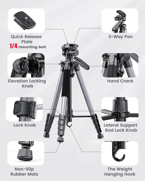 Heavy Duty Aluminum Camera Tripod Stand For DSLR, Mirrorless, Smartphone And GoPro Adjustable 20 To 74 Inch Height features