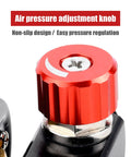 Air Regulator For Spray Guns And Pneumatic Tools With One Quarter Inch NPT Inlet And Swivel Outlet, Lightweight Yet Durable, Easy To Read Gauge, Black Finish, The Go To Pick For Your Home Shop Setup showing red adjustment knob