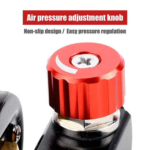 Air Regulator For Spray Guns And Pneumatic Tools With One Quarter Inch NPT Inlet And Swivel Outlet, Lightweight Yet Durable, Easy To Read Gauge, Black Finish, The Go To Pick For Your Home Shop Setup showing red adjustment knob