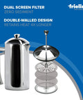 Double Walled Stainless Steel French Press Coffee Maker 44 Oz Extra Large Polished with dual screen filter