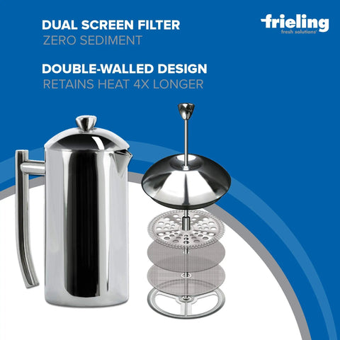 Double Walled Stainless Steel French Press Coffee Maker 44 Oz Extra Large Polished with dual screen filter