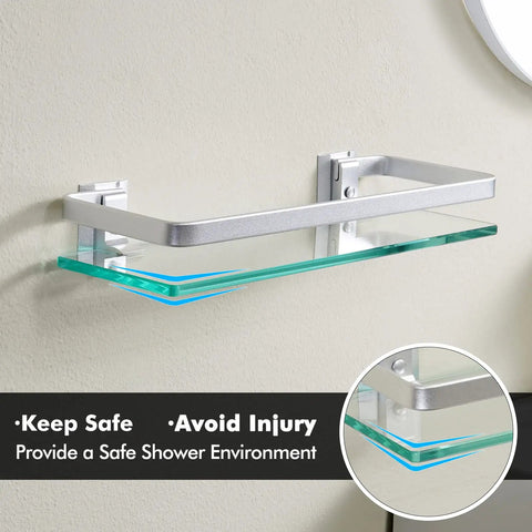 Floating Glass Shelves For Bathroom, 14 Inch Tempered Glass With Aluminum Brackets, Wall Mount Storage Organizer, Rust Resistant