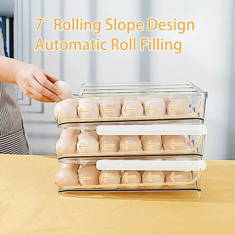 Clear Plastic Egg Holder For Refrigerator With Auto Rolling Design, Stackable 3 Drawer Egg Storage Box, 54 Egg Capacity