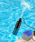 Compact Submersible Sump Pump With Sediment Filter, 500 GPH Flow Rate, in a pool water, showing water discharge and pump detail.