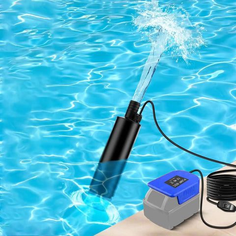 Compact Submersible Sump Pump With Sediment Filter, 500 GPH Flow Rate, in a pool water, showing water discharge and pump detail.