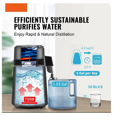 Top Notch Water Distiller With 750 Watt Heater Makes Hella Pure Water For Home Use And CPAP Devices on a wooden surface with water container
