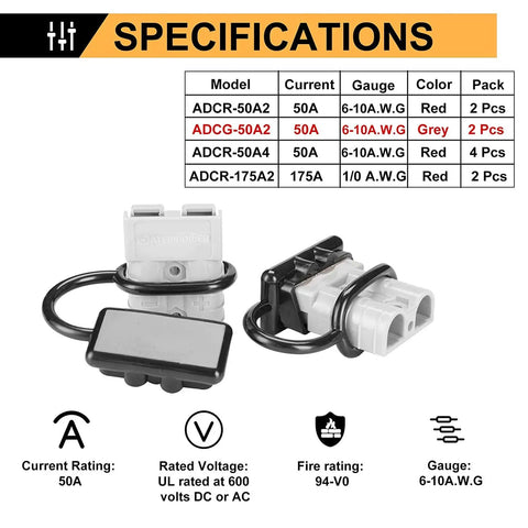 6 To 10 Gauge 50A Battery Quick Connect Wire Harness Kit With Quick Disconnect Plug For Winch Auto Car Trailer Gray 2 Pcs