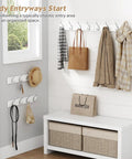 White Wall Mount Coat Rack 4 Pack With 16 Hooks The Go To Key Holder And Bag Hanger For Closet Hats Belts Purses Backpacks Leashes Space Saving Wall Organizer For Home And Hallway installed in entryway with accessories.