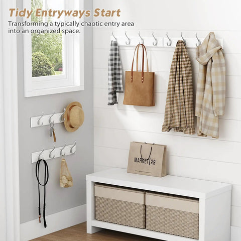 White Wall Mount Coat Rack 4 Pack With 16 Hooks The Go To Key Holder And Bag Hanger For Closet Hats Belts Purses Backpacks Leashes Space Saving Wall Organizer For Home And Hallway installed in entryway with accessories.
