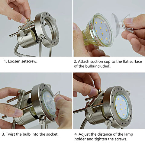 Installation steps for Three Light Ceiling Track Lighting Fixture with GU10 heads in brushed nickel, showing bulb fitting process.