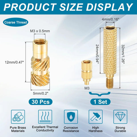 Product size display of Heat Set Threaded Inserts Kit With Soldering Iron Tip Press Tool M3 x 0.5mm 12x5mm Brass Knurled Embedding Nuts