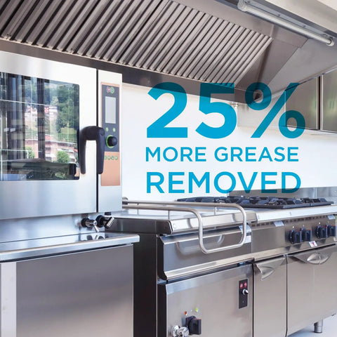 Commercial kitchen with stainless steel range hood and appliances, illustrating High Efficiency Pro Grade Commercial Kitchen Hood Filter Pack Of 2 For Restaurant Range Hoods, Baffle Grease Filter Replacement, 19.5 Inch High By 19.5 Inch Wide, 1.88 Inch Deep, 430 Stainless Steel, Made In USA.