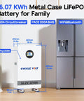 48V 300Ah LiFePO4 Lithium Battery 16kWh Top Shelf Solar Storage with metal case and dimensions beside a refrigerator.