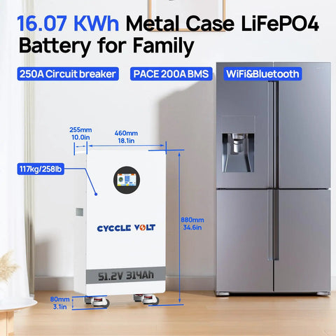 48V 300Ah LiFePO4 Lithium Battery 16kWh Top Shelf Solar Storage with metal case and dimensions beside a refrigerator.