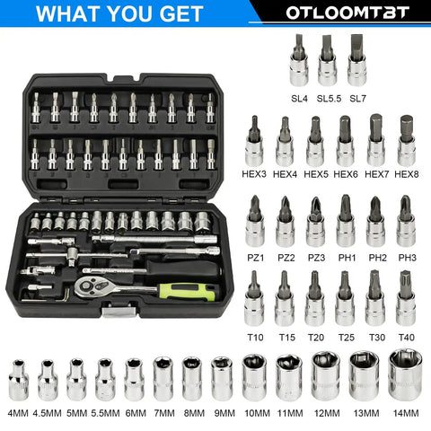 46 Piece One Quarter Inch Drive Socket Set With Ratchet Wrench, Industrial Grade Chrome Vanadium, Metric Bit Sockets And Extension Bar