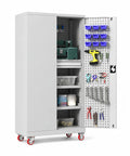 Heavy Duty Storage Cabinet With Built In Tool Drawer And Adjustable Shelves, Built To Last Reinforced Steel Construction For Tough Workshops, Keeps screws, bits, and tools organized.