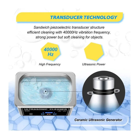 Big 800Ml Handheld Ultrasonic Cleaner With Digital Display, Heater And Timer showing transducer technology and ceramic ultrasonic generator.