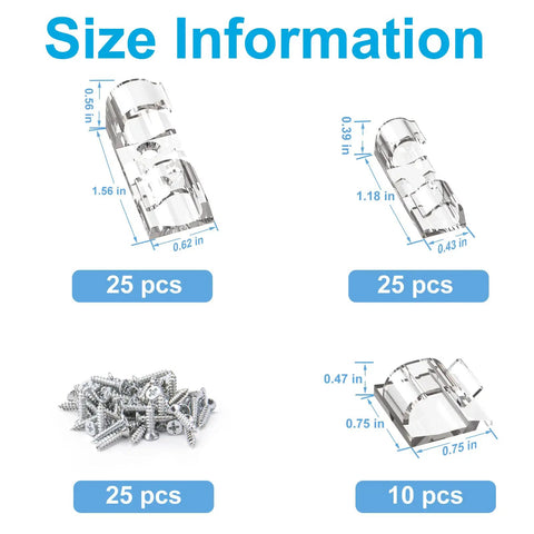 60 Pack Assorted Cable Clips For Outdoor And Indoor Use, Adhesive Wire Clips For Wall And Desk, Clear Cable Management Clips For LED Wires, Christmas Lights, And PC Cables Under Desks