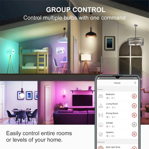Smart Color Changing Light Bulbs Starter Kit With Hub For Alexa and Google Home shown in different room scenes with app control