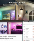 Group control of Bright 1050 Lumen Smart RGB LED Bulbs With No Hub Needed For Alexa And Google Assistant shown in different rooms.