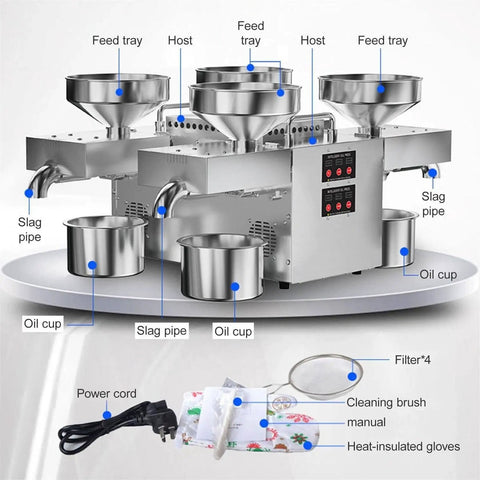 Hot And Cold Pressing Automatic Electric Oil Extractor Machine 2400W Seed Crusher showing feed trays, oil cups, and accessories.