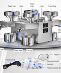 2400W Automatic Electric Oil Press Machine Hot Cold Extraction For Walnuts Peanuts Sesame Sunflower Seeds Soybeans Food Grade Stainless Steel showing feed trays and oil cups.