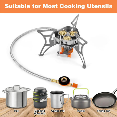 Powerful 6800W Windproof Camping Stove for Backcountry Cooking with various compatible cookware displayed