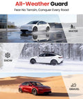 Tesla Model Y driving through water, snow, and gravel with mud flaps installed for all-weather protection and paint safety.