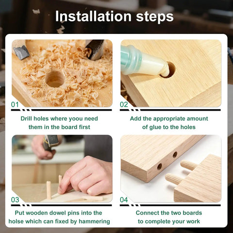 Installation steps for 250 Piece One Quarter Inch Fluted Wood Dowels Kit With Beveled Ends For Easy Insertion And Tight Joints