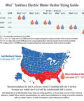 Compact Tankless Electric Water Heater Sizing Guide with Flow Rate and Climate Map for Handwashing Sink 5.7 kW 240V
