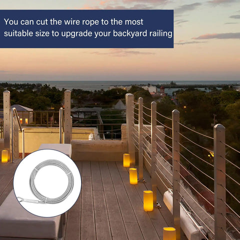 View of backyard railing enhanced with Heavy Duty Quarter Inch Stainless Steel Cable 25 Ft Wire Rope With 7x19 Aircraft Cable Construction 6400 Lbs Breaking Strength Zip Line Kit With M8 Wire Rope Clips And Thimbles Built To Tackle Tough Jobs.