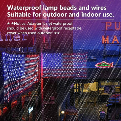 Patriotic American Flag LED Net Lights for outdoor decor with 420 LED waterproof string lights on building in rain