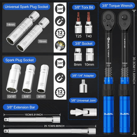 3/8 Inch Drive Magnetic Spark Plug Socket Set With Click Torque Wrench 5-45 Ft-Lb And 6.8-61 Nm, 14-Piece Kit