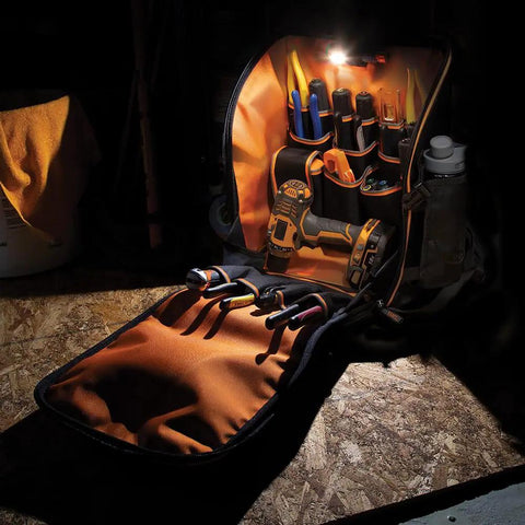 Open All In One Tool Backpack With 21 Pockets And Big Interior Includes Removable Magnetic Flashlight And Built In Work Light For Hands Free Illumination On The Job Site