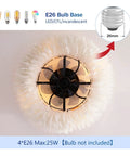 20" Feather Decor Flush Mount Ceiling Fan with Remote, E26 bulb base, soft white feathers, 6 speed reversible fan.