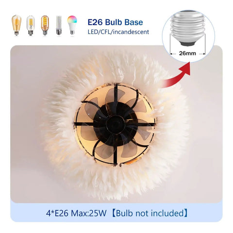 20" Feather Decor Flush Mount Ceiling Fan with Remote, E26 bulb base, soft white feathers, 6 speed reversible fan.
