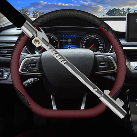 Heavy Duty Steering Wheel Lock Security Bar With Retractable Design for cars with safety hammer visible on steering wheel