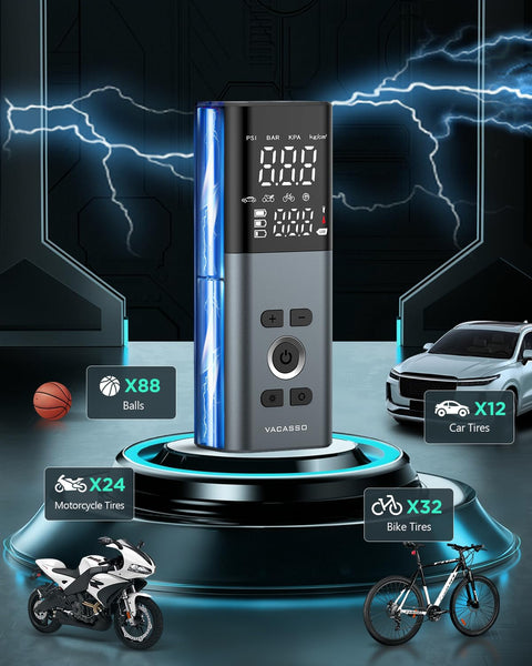 Cordless Tire Inflator Air Compressor With Accurate Pressure Gauge 150 PSI Portable Pump shown with usage for cars, bikes, balls