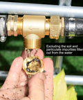 Heavy Duty Brass Garden Hose Filter Attachment With 100 Mesh And 40 Mesh Stainless Screens, Dual Layer Filter For Pressure Washer Inlet, Perfect For RVs, Camping, Car Wash And Rainwater Filtration, Cap Included in use, showing water filtration.