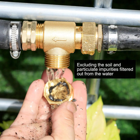 Heavy Duty Brass Garden Hose Filter Attachment With 100 Mesh And 40 Mesh Stainless Screens, Dual Layer Filter For Pressure Washer Inlet, Perfect For RVs, Camping, Car Wash And Rainwater Filtration, Cap Included in use, showing water filtration.