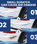Infographic showing stages of car damage from scratches, with focus on how Two-Pack Car Touch Up Paint Pen With Clear Coat Pen Kit For White Cars can help.