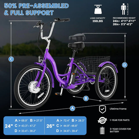 Stable 3 Wheel Electric Tricycle For Adults With 350W Motor 7 Speed Easy Rides No Sweat For Seniors And Daily Errands Comfortable Mobility Bike For Neighborhood Cruising And Grocery Runs, purple 24-inch frame