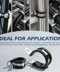 Close-up of 20 Pack One Half Inch And 1 Inch Cable Clamps Kit 304 Stainless Steel Rubber Cushioned Clips on wires and hoses.