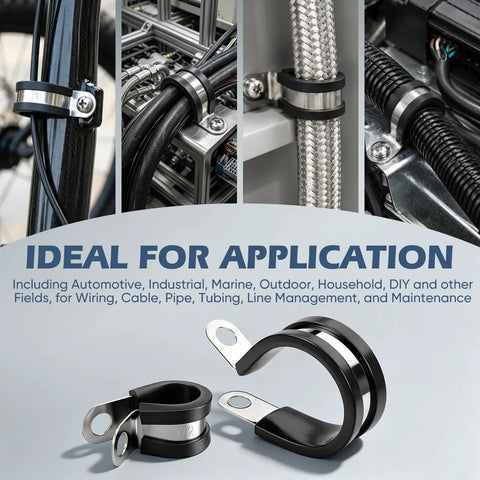 Close-up of 20 Pack One Half Inch And 1 Inch Cable Clamps Kit 304 Stainless Steel Rubber Cushioned Clips on wires and hoses.