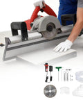 Top Shelf 1200 Watt Electric Tile Bevel Cutter packs heavy duty punch, cutting a ceramic tile at 45 degrees with accessories.