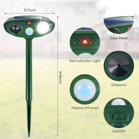 Two Pack Solar Ultrasonic Deer Deterrent With Motion Sensor And Bright LED Strobe For Outdoor Garden Yard Keeps Pests At Bay From Rabbits Raccoons Squirrels Skunks Foxes And Cats Waterproof Weatherproof, 14.8-inch stake
