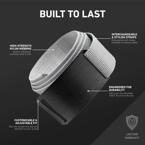 Close-up of Heavy Duty Tactical Nylon Belt With Aluminum Buckle For Men And Women Adjustable Everyday Carry Belt For Work Golf EDC Hiking And Casual Wear Made In The USA Medium 32 To 34 Titanium showing high-strength nylon webbing and aluminum buckle.