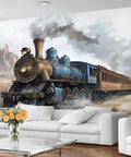 Old School Steam Locomotive Wall Mural For Living Room And Bedroom, 5 panels, silk cloth texture, vintage train scene in desert