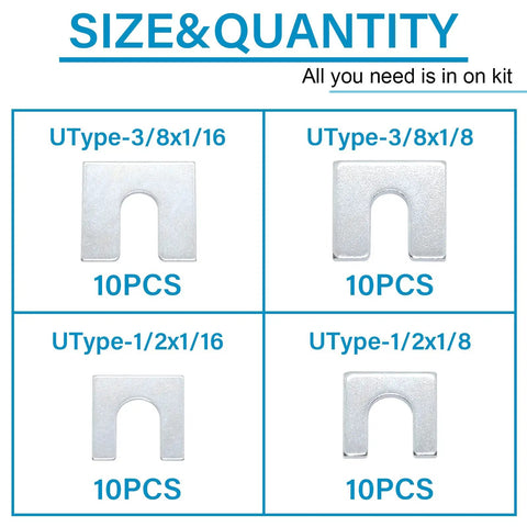 Size chart of 40 Piece Auto Body Fender Alignment Shim Kit Pro Grade Zinc Plated For Rugged Use - various sizes and quantities shown.