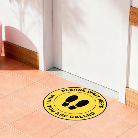 10 Pack Please Wait Here Until You Are Called Sign 12 Inch Square Vinyl Floor Sign Peel And Stick Weatherproof Waiting Area Decor For Social Distancing on tiled floor